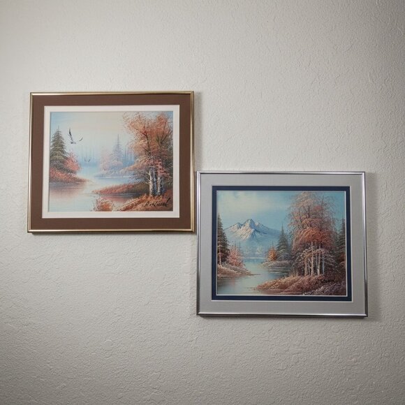Set of 2 R. Wood Landscape Oil Paintings Framed Nature Scenery MCM Textured Vtg